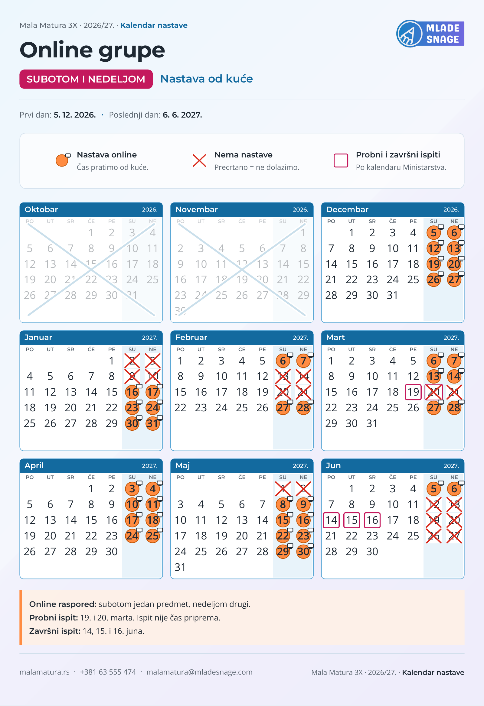 Kalendar nastave: online grupe, subotom i nedeljom